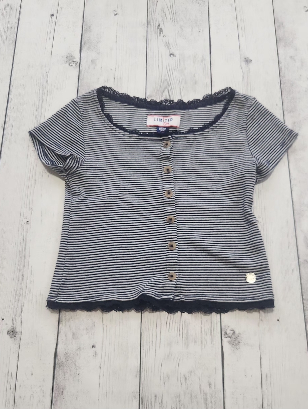 Limited Too Girls Navy Blue And White Striped Buttoned Top Size Small 7/8